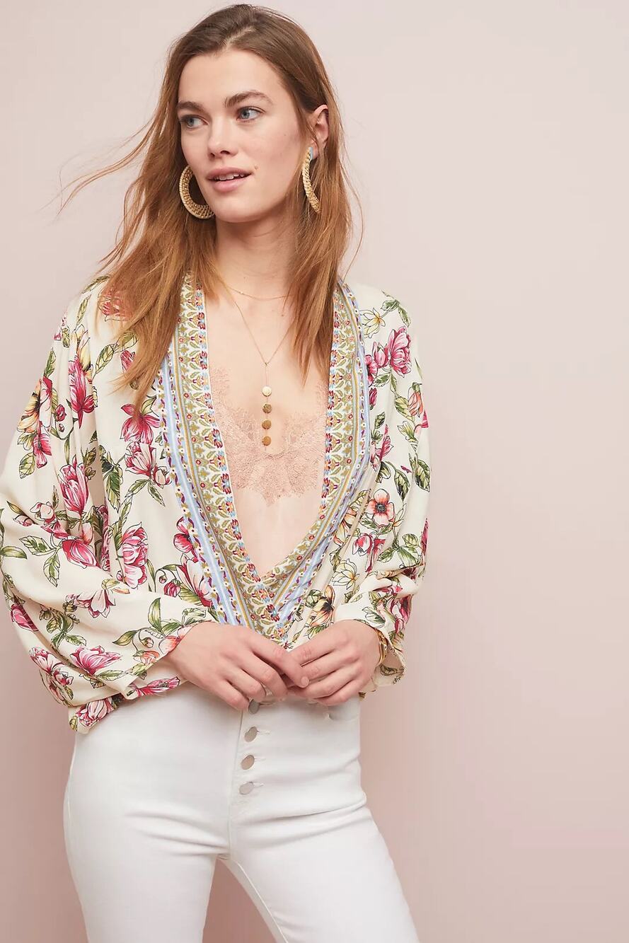 Anthropologie Idaliaβ Floral Jacket Kimono OS One Size Women's Blouse Top Shirt